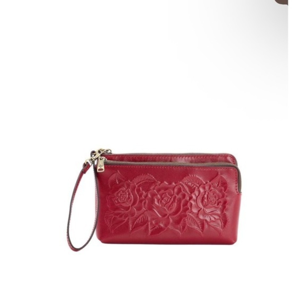 Patricia Nash Vintage Rose Tooled Leather Varone Wristlet Ruby Red Double Zip